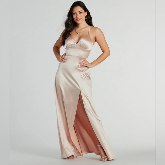 Windsor Laurel Lace-Up A-Line Slit Satin Formal Dress - Picture 2 of 13